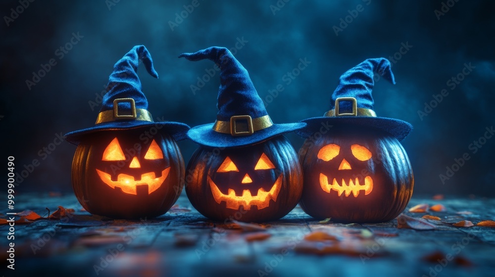 Fototapeta premium Glowing Jack-o'-Lanterns with Witch Hats in a Spooky Halloween Forest