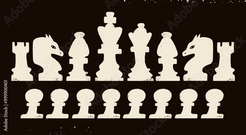 Chess figures set. Trendy board game, strategy concept. White silhouettes. King, queen, bishop, pawn, horse, knight, rook. Hand drawn modern Vector illustration. Isolated design elements