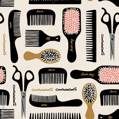 Hair brushes, plastic hair combs, scissors. Hand drawn modern Vector illustration. Hair care, hairdresser accessories, tools, equipment, hair cutting and styling concept. Square seamless Pattern