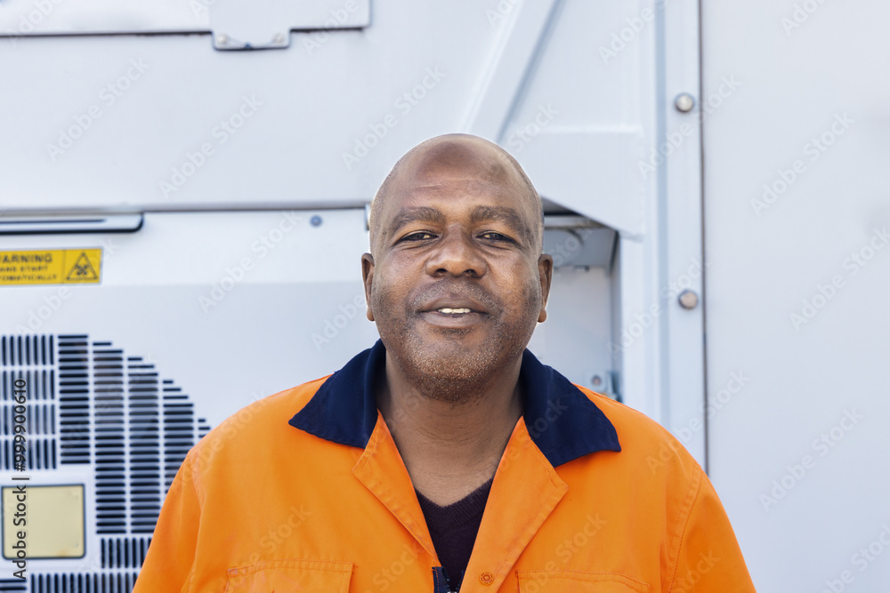 portrait of single african man worker with orange safety jacket industrial setting outdoors in front of a mobile air conditioner cooling unit, portrait of single african man worker with orange safety jacket industrial setting outdoors in front of a mobile air conditioner cooling unit,