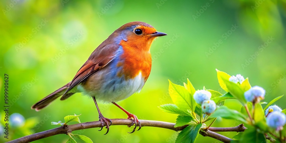 A lively red robin rests on a branch, surrounded by a softly focused green backdrop, embodying the fresh, A lively red robin rests on a branch, surrounded by a softly focused green backdrop, embodying the fresh,