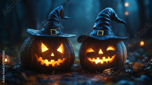 Glowing Jack-o'-Lanterns with Witch Hats in a Spooky Halloween Forest