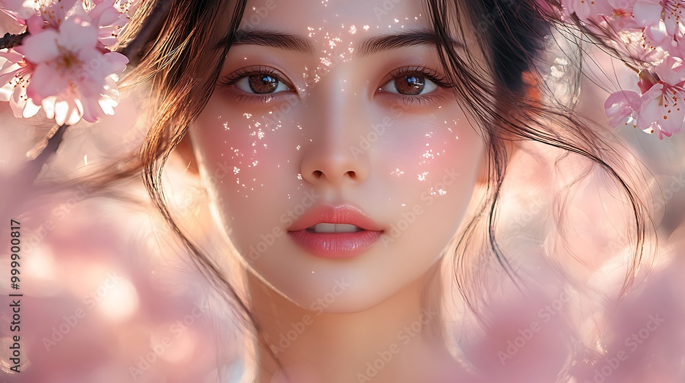 Portrait of an Asian woman standing among blooming cherry blossoms, her flawless skin reflecting the soft natural light, Portrait of an Asian woman standing among blooming cherry blossoms, her flawless skin reflecting the soft natural light,