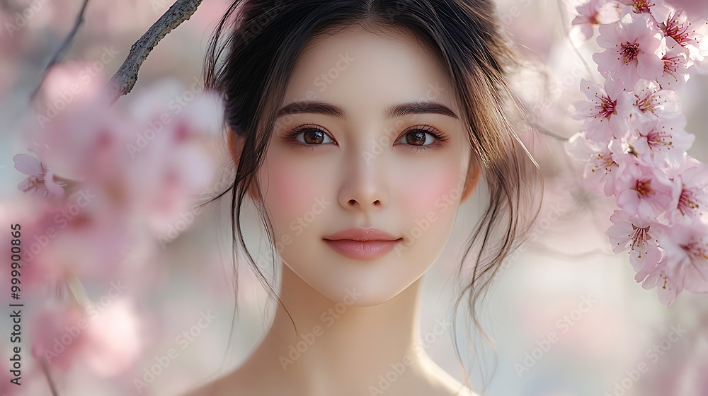 Portrait of an Asian woman standing among blooming cherry blossoms, her flawless skin reflecting the soft natural light, Portrait of an Asian woman standing among blooming cherry blossoms, her flawless skin reflecting the soft natural light,