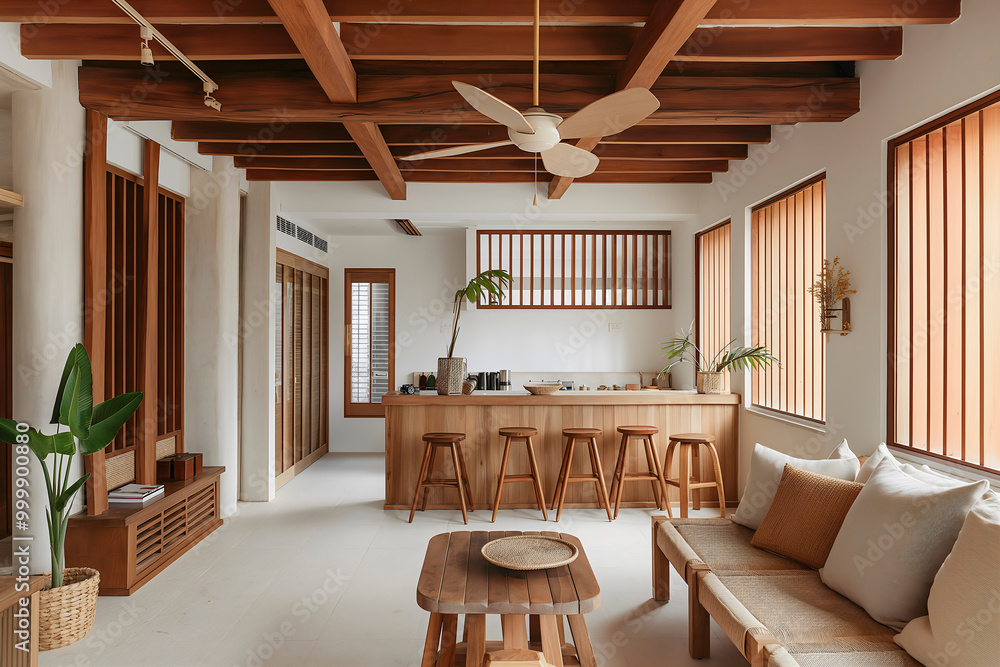 Stylish Living Room Interior in a Modern House with Boho Furniture and Open Layout in Microcement Stylish Living Room Interior in a Modern House with Boho Furniture and Open Layout in Microcement