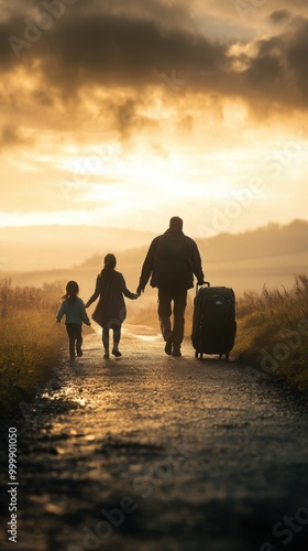 Silhouetted family walking together on a path during sunset.