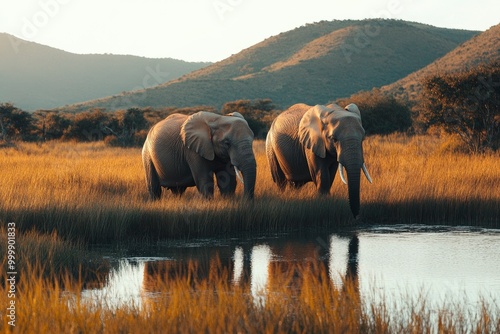 Two elephants in the field of south africa..generative ai