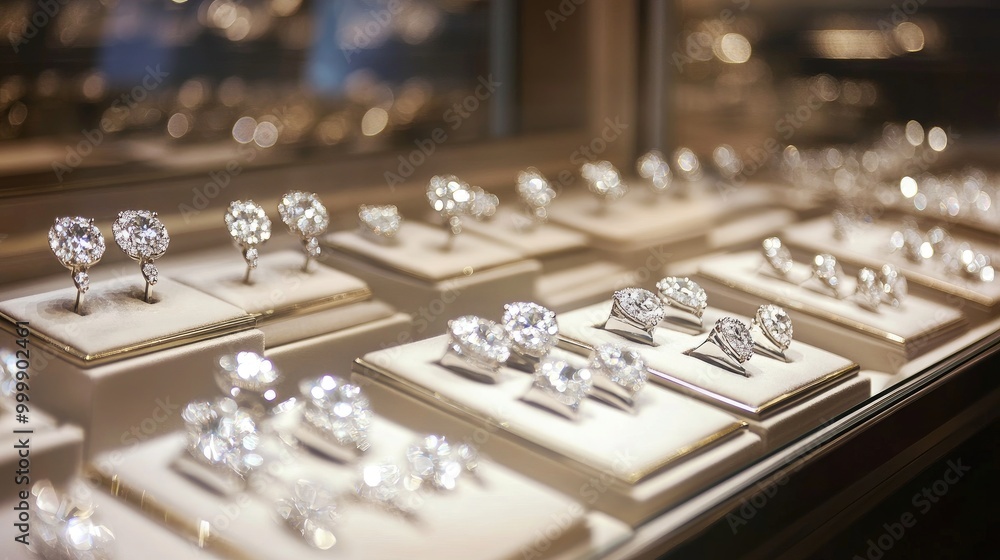 A high-end jewelry store showcasing an array of diamond earrings, each pair gleaming under perfect display lighting, offering a sense of luxury and exclusivity. A high-end jewelry store showcasing an array of diamond earrings, each pair gleaming under perfect display lighting, offering a sense of luxury and exclusivity.