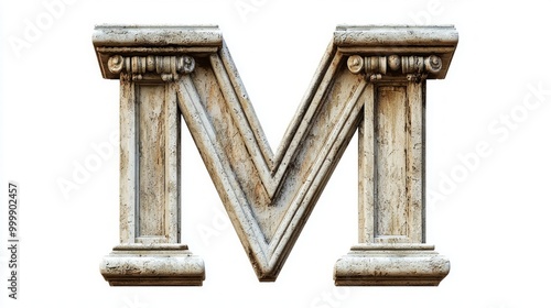 beautifully crafted letter M showcases intricate antique column textures, set against a pristine white backdrop, perfect for unique design applications and artistic inspiration.