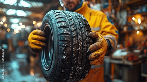 Close-up of a Mechanic Holding a New Tire for Car Repair Services