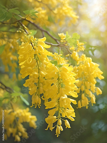 Golden Laburnum Blossoms in Soft Spring Sunlight