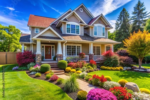 Charming suburban house with a well-maintained front yard and colorful landscaping on a sunny day