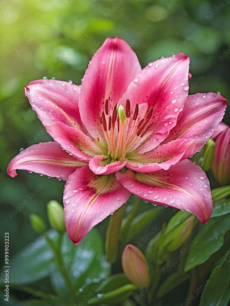 Fototapeta premium Vibrant Pink Lily with Dew Against a Misty Garden Background