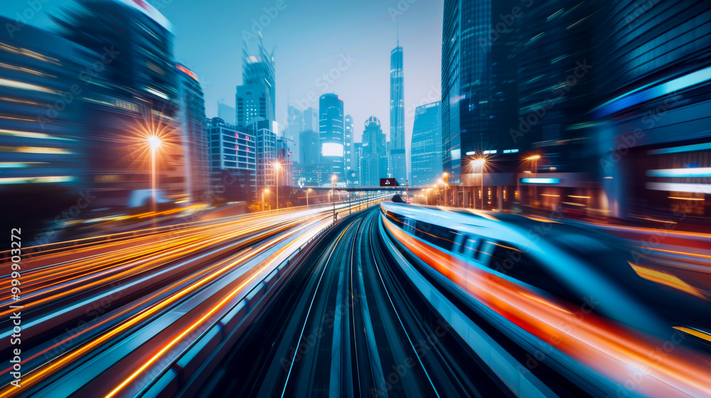 Fototapeta premium high speed bullet train glides through vibrant cityscape at dusk, showcasing dynamic light trails and modern skyscrapers. scene captures essence of urban energy and technological advancement