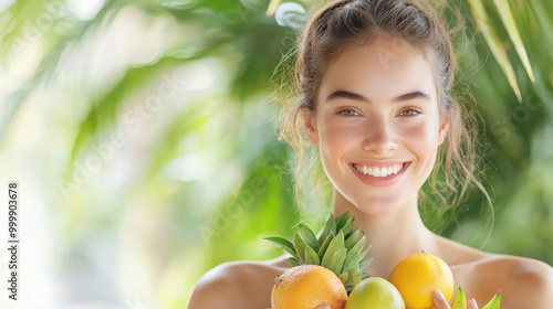 Radiant young woman with glowing skin, holding fresh tropical fruits, surrounded by lush greenery and natural light, youthful glow, freshness and nourishment