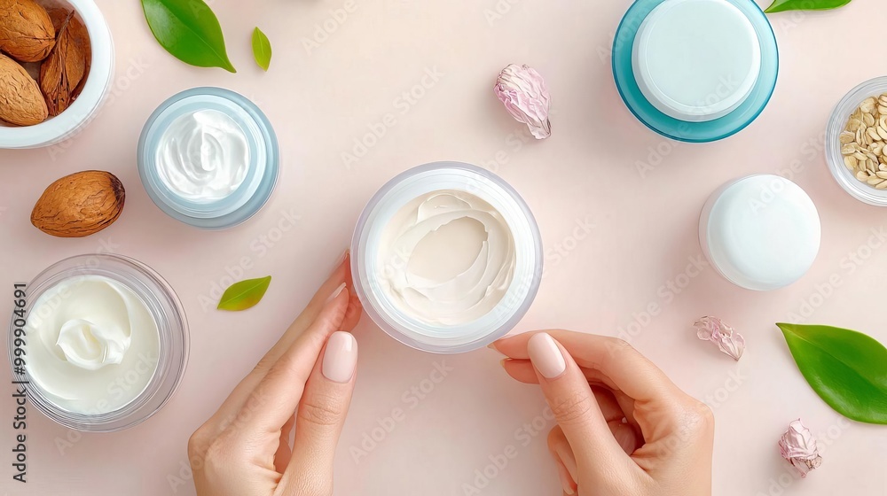 Freshly moisturized youthful skin, hands applying a rich cream surrounded by natural ingredients, deep nourishment, youthful hydration Freshly moisturized youthful skin, hands applying a rich cream surrounded by natural ingredients, deep nourishment, youthful hydration