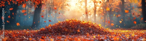 A view of autumn leaves falling gently into a large pile, surrounded by the quiet of the woods the warm colors and serene setting offer ample space for text