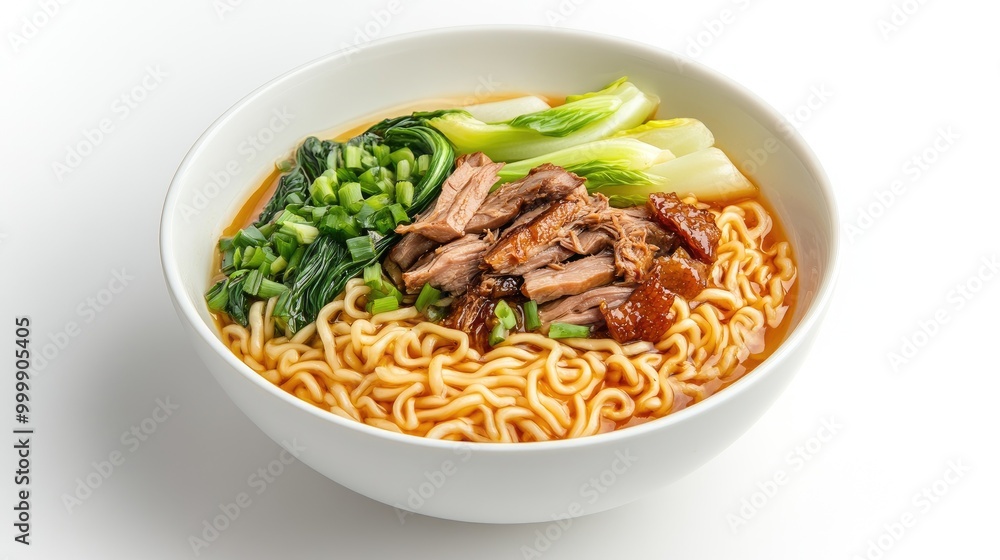 A minimalist presentation of a bowl of egg noodles with roasted duck, bok choy, and green onions, isolated on a white background A minimalist presentation of a bowl of egg noodles with roasted duck, bok choy, and green onions, isolated on a white background