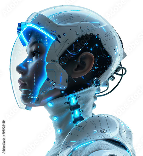 Futuristic humanoid robot in high-tech helmet with blue neon lights and intricate circuitry, on transparent background. Perfect for use in AI, robotics, sci-fi, technology themes.