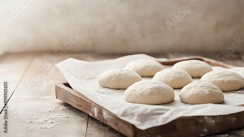 Raw dough balls on wooden tray, ready for baking, soft texture, warm tones.