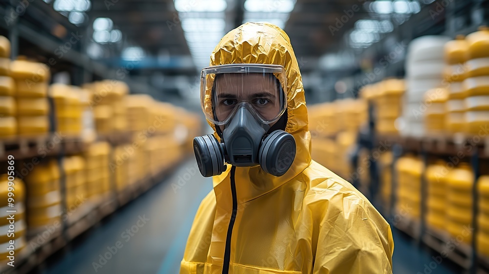 man worker with protective mask and suit disinfecting industrial factory with spray gun man worker with protective mask and suit disinfecting industrial factory with spray gun