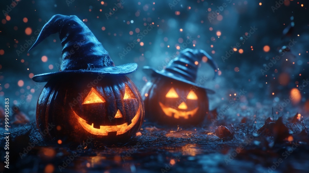 Naklejka premium Glowing Jack-o'-Lanterns with Witch Hats in a Spooky Halloween Forest