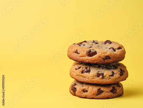 Stack of delicious chocolate chip cookies on a vibrant yellow background.