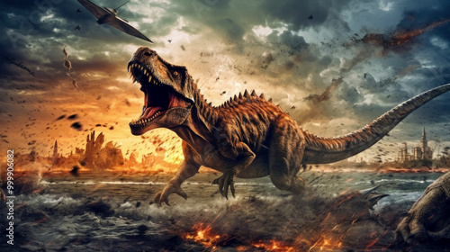 A scene from prehistory. Dinosaurs before extinction