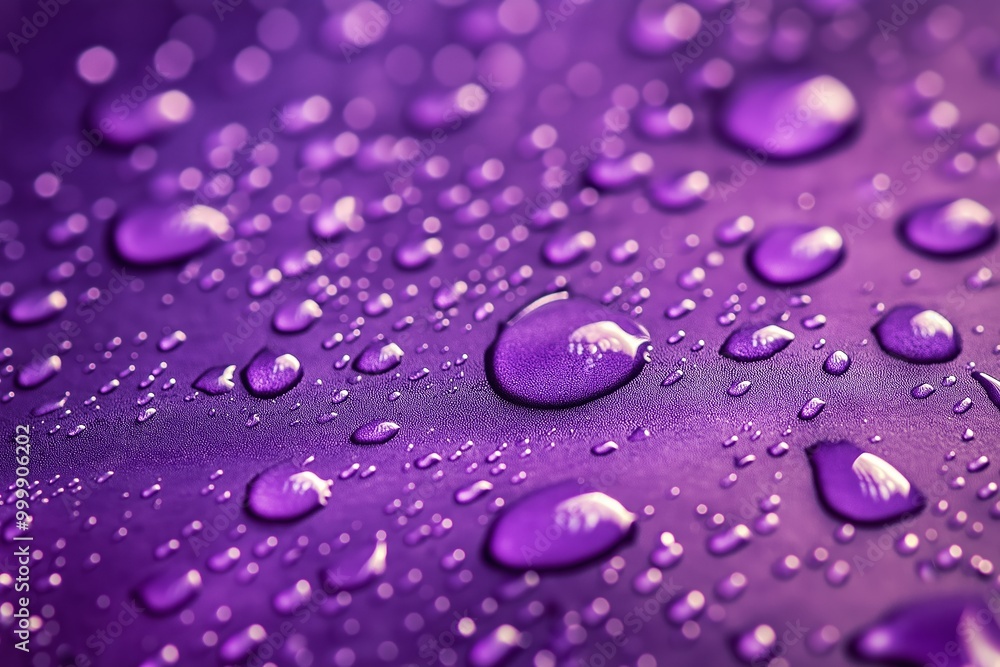 A close-up image of numerous water droplets resting on a smooth purple surface illuminated by soft light. A close-up image of numerous water droplets resting on a smooth purple surface illuminated by soft light.