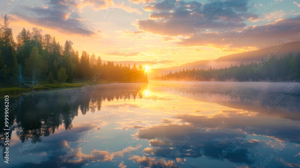 serene sunrise over calm lake creates stunning reflection of colorful sky and surrounding trees, evoking sense of peace and tranquility serene sunrise over calm lake creates stunning reflection of colorful sky and surrounding trees, evoking sense of peace and tranquility