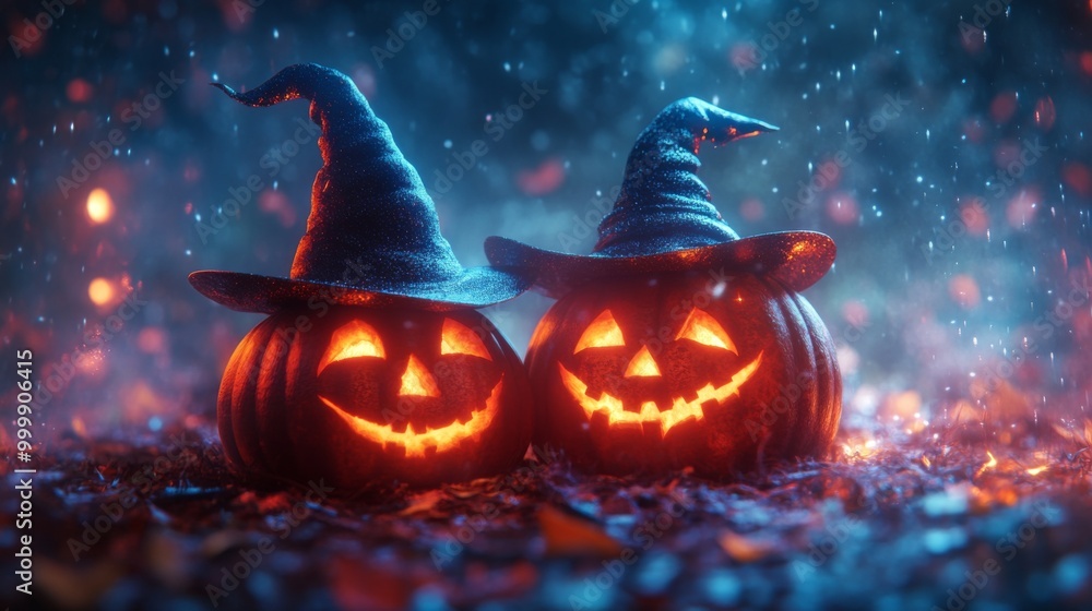Fototapeta premium Glowing Jack-o'-Lanterns with Witch Hats in a Spooky Halloween Forest