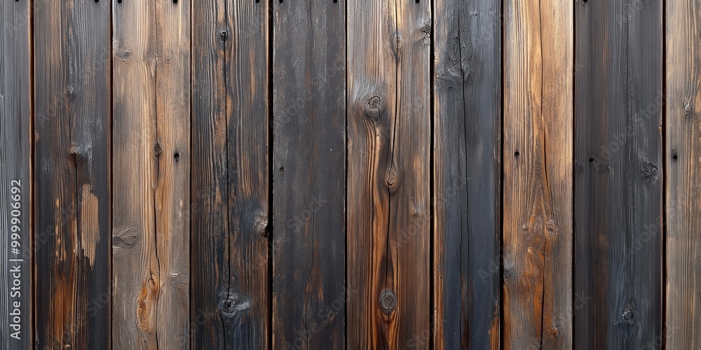 Fototapeta premium A close-up of a wooden planks wall showcasing a mixture of dark and light hues, ideal for rustic or vintage designs.