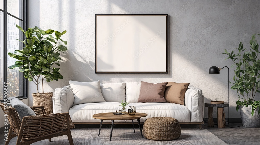 Mockup frame in Scandinavian living room interior background, 3d render Mockup frame in Scandinavian living room interior background, 3d render