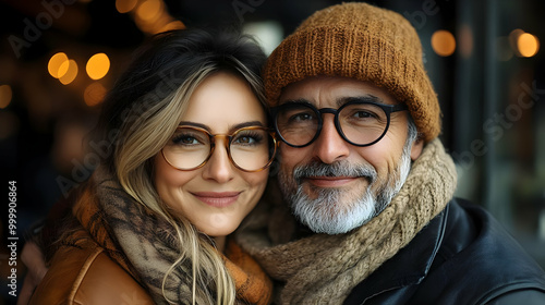 Couple Wearing Glasses and Winter Clothing - Happy Smiles