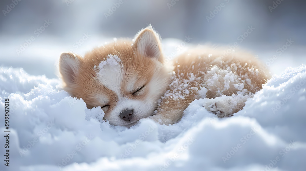 Obraz premium The soft body of a cute baby dog is resting comfortably in a fluffy snow pile. The cold winter atmosphere surrounds it with snow covering the area