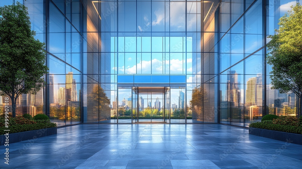 Elegant Office Building Entrance with Surrounding High-Rise Structures for Modern Business Themes Elegant Office Building Entrance with Surrounding High-Rise Structures for Modern Business Themes