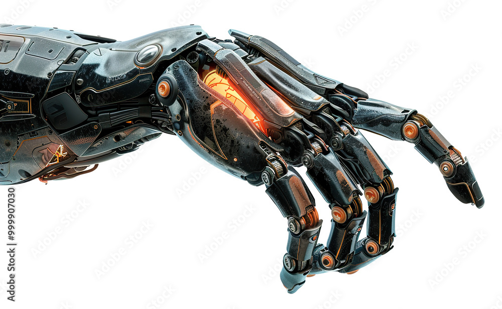 Detailed closeup of futuristic robot hand showcasing advanced mechanical engineering with articulated fingers, on transparent background. Cut out robotic hand, showing gesture. Detailed closeup of futuristic robot hand showcasing advanced mechanical engineering with articulated fingers, on transparent background. Cut out robotic hand, showing gesture.