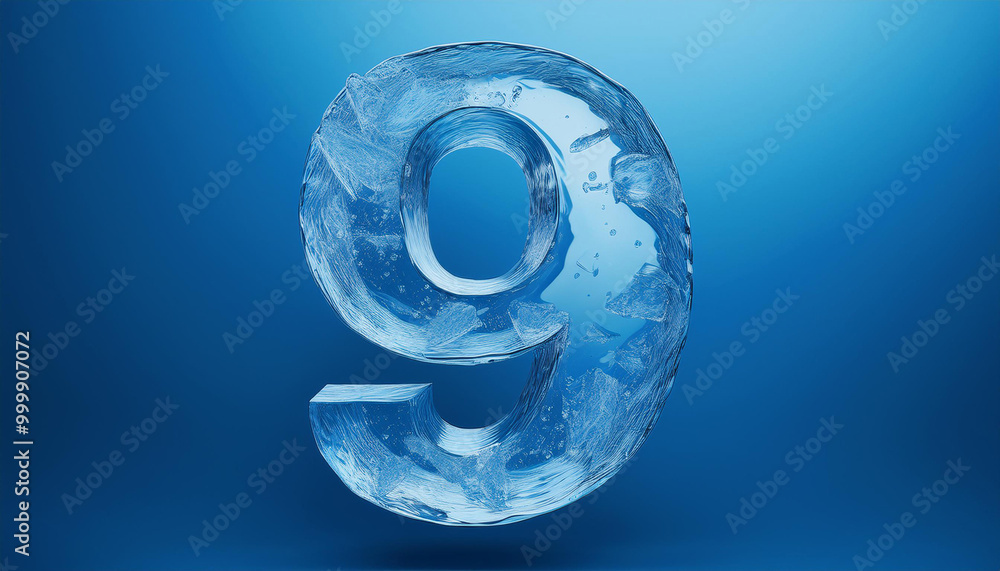 Banner copy space and number nine made of water ice on blue background. 3D rendering. Winter season Banner copy space and number nine made of water ice on blue background. 3D rendering. Winter season