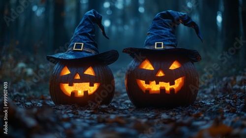 Glowing Jack-o'-Lanterns with Witch Hats in a Spooky Halloween Forest