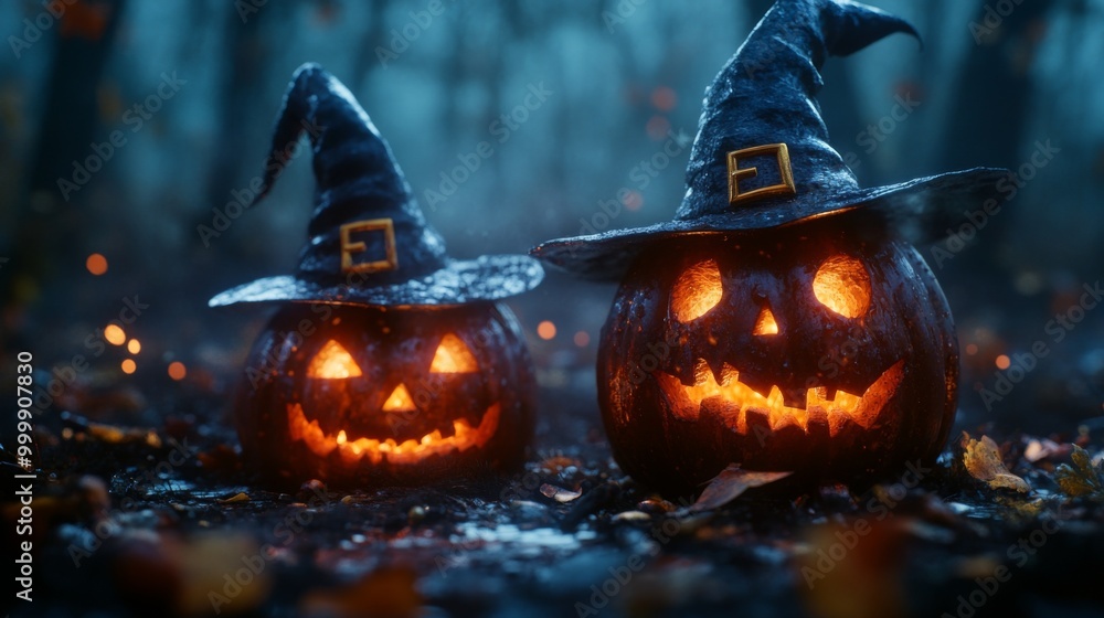 Fototapeta premium Glowing Jack-o'-Lanterns with Witch Hats in a Spooky Halloween Forest