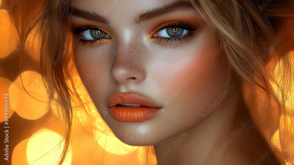 Fototapeta premium Orange Eyeshadow Makeup Look with Freckles and Blonde Hair