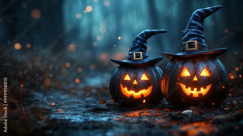 Fototapeta premium Glowing Jack-o'-Lanterns with Witch Hats in a Spooky Halloween Forest