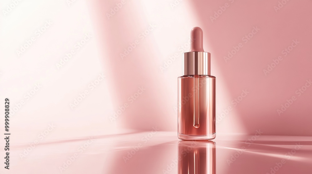 Rose gold serum packaging with a sleek design, placed on a reflective surface to capture light. No people. No logo. Rose gold serum packaging with a sleek design, placed on a reflective surface to capture light. No people. No logo.