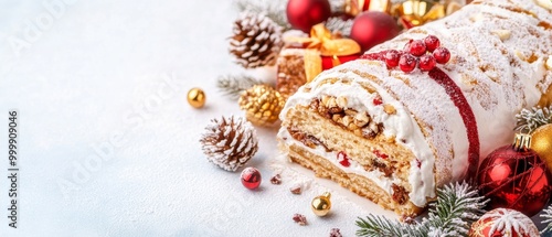 Christmas log cake dusted with powdered sugar, surrounded by pinecones and ornaments on a snowy white background.