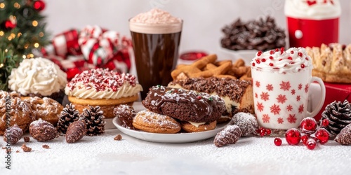 A variety of Christmas pastries and drinks arranged on a festive table, including cupcakes, hot chocolate, and cookies, decorated with pinecones and holiday ornaments