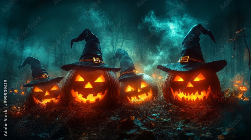 Glowing Jack-o'-Lanterns with Witch Hats in a Spooky Halloween Forest Glowing Jack-o'-Lanterns with Witch Hats in a Spooky Halloween Forest