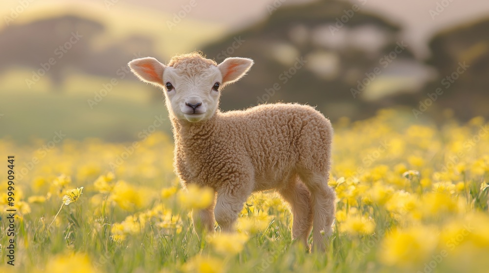 A fluffy lamb stands in a meadow of vibrant yellow flowers, bathed in soft sunlight with a blurred countryside background. A fluffy lamb stands in a meadow of vibrant yellow flowers, bathed in soft sunlight with a blurred countryside background.