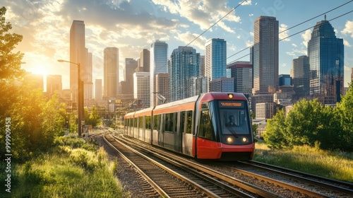 A picturesque view of a city skyline with a light rail train passing through, showcasing modern public transportation integrated into urban life.