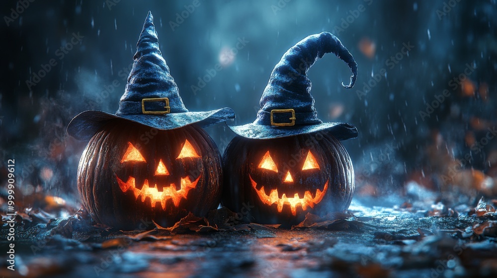 Fototapeta premium Glowing Jack-o'-Lanterns with Witch Hats in a Spooky Halloween Forest