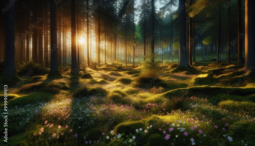 Obraz premium A tranquil forest scene at dawn, with sunlight filtering through the trees